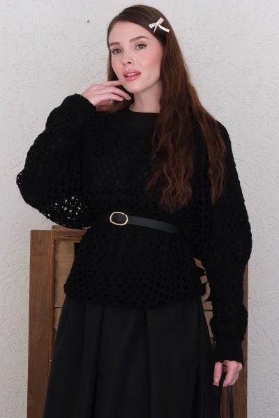 Siyah File Triko Bluz