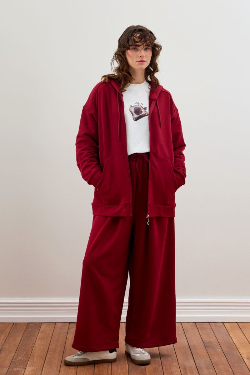 Bordo 3 İplik Uzun Fermuarlı Eşofman Takım