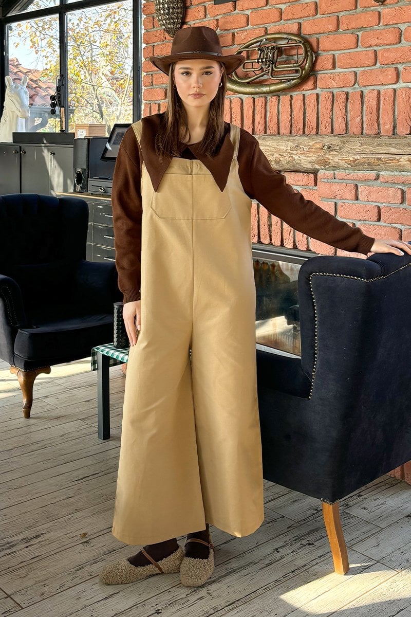 Sütlü Kahve Keten Salopet Tulum