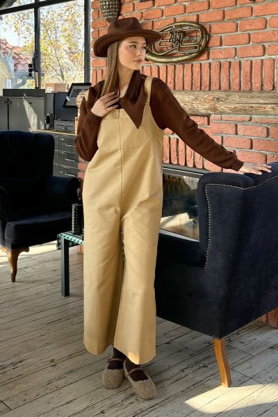 Sütlü Kahve Keten Salopet Tulum