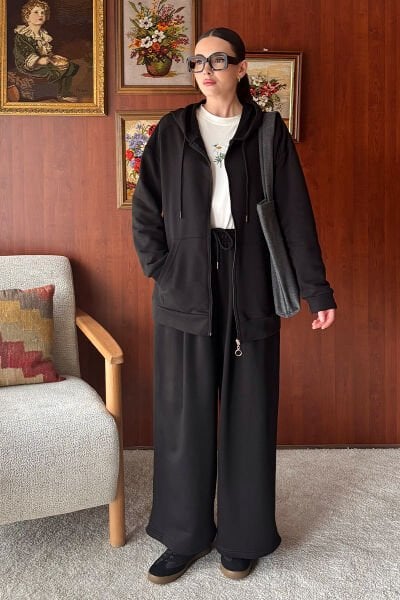 Siyah 3 İplik Uzun Fermuarlı Eşofman Takım