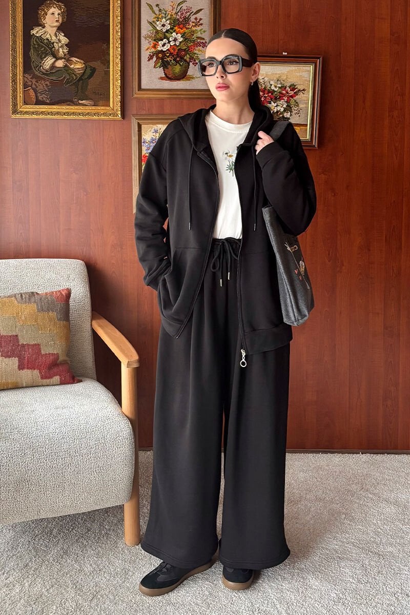 Siyah 3 İplik Uzun Fermuarlı Eşofman Takım