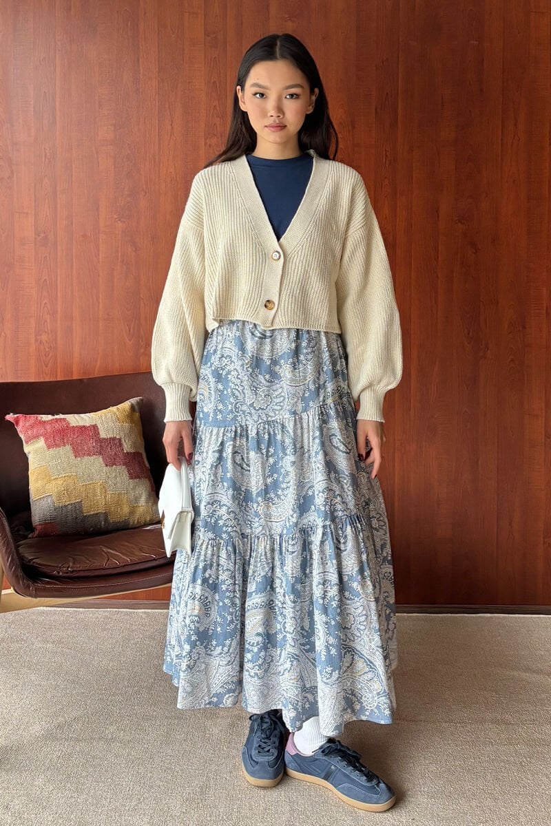 Mavi Etnik Desen Çapraz Kat Etek