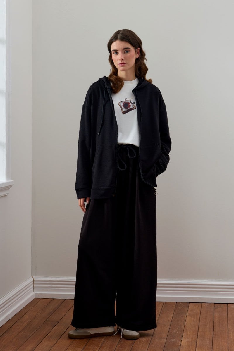 Siyah 3 İplik Uzun Fermuarlı Eşofman Takım