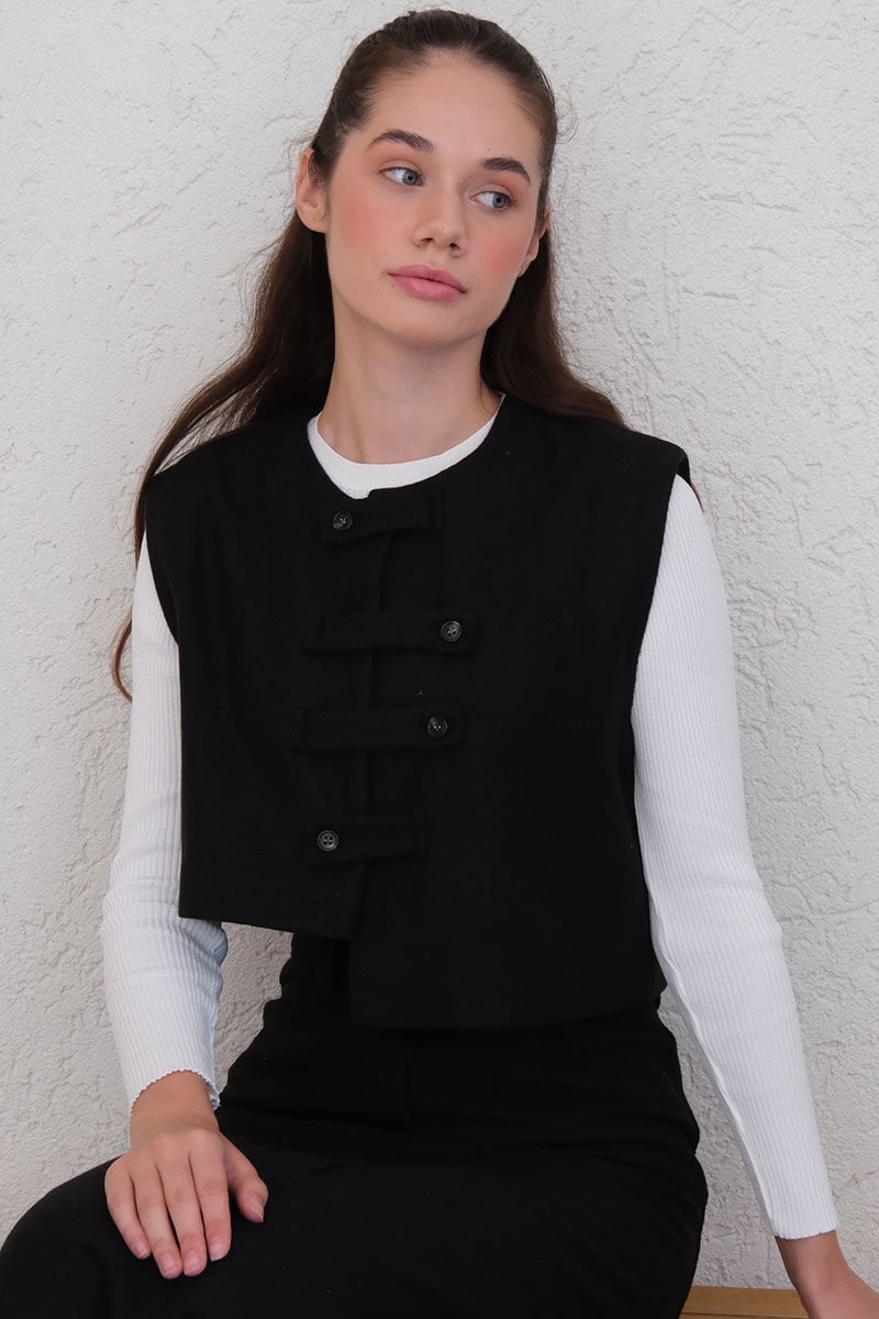 Siyah Kaşe Çapraz Düğmeli Vintage Yelek