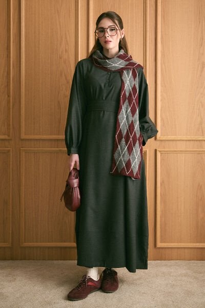 Bordo Baklava Desenli Atkı