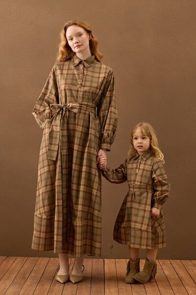 Vizon Ekoseli Vintage Anne Çocuk Elbise Takım