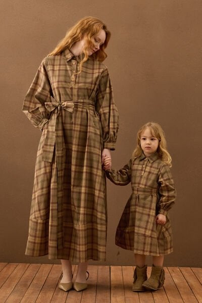 Vizon Ekoseli Vintage Anne Çocuk Elbise Takım