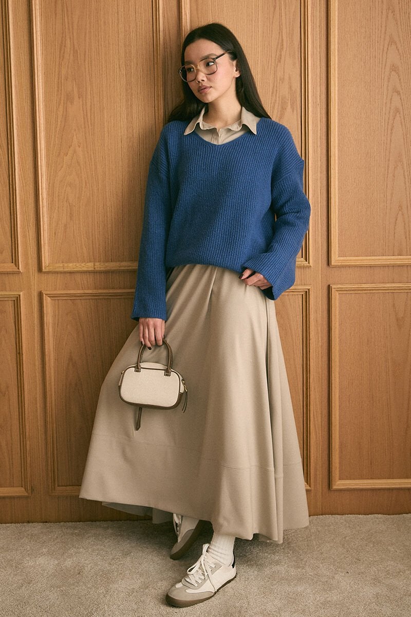 Mavi V Yaka Triko Kazak & Vizon Vintage Elbise Takım