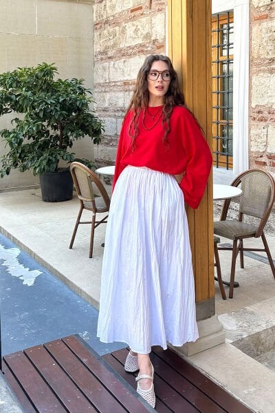 Kırmızı Body & Beyaz Kraşlı Balon Etek Takım