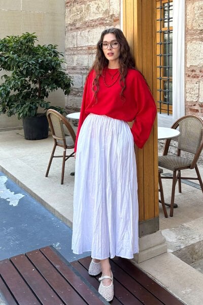 Kırmızı Body & Beyaz Kraşlı Balon Etek Takım