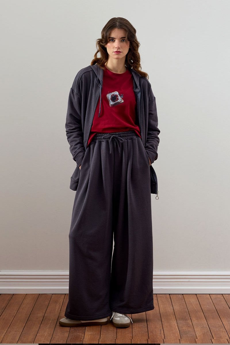 Antrasit 3 İplik Uzun Fermuarlı Eşofman Takım