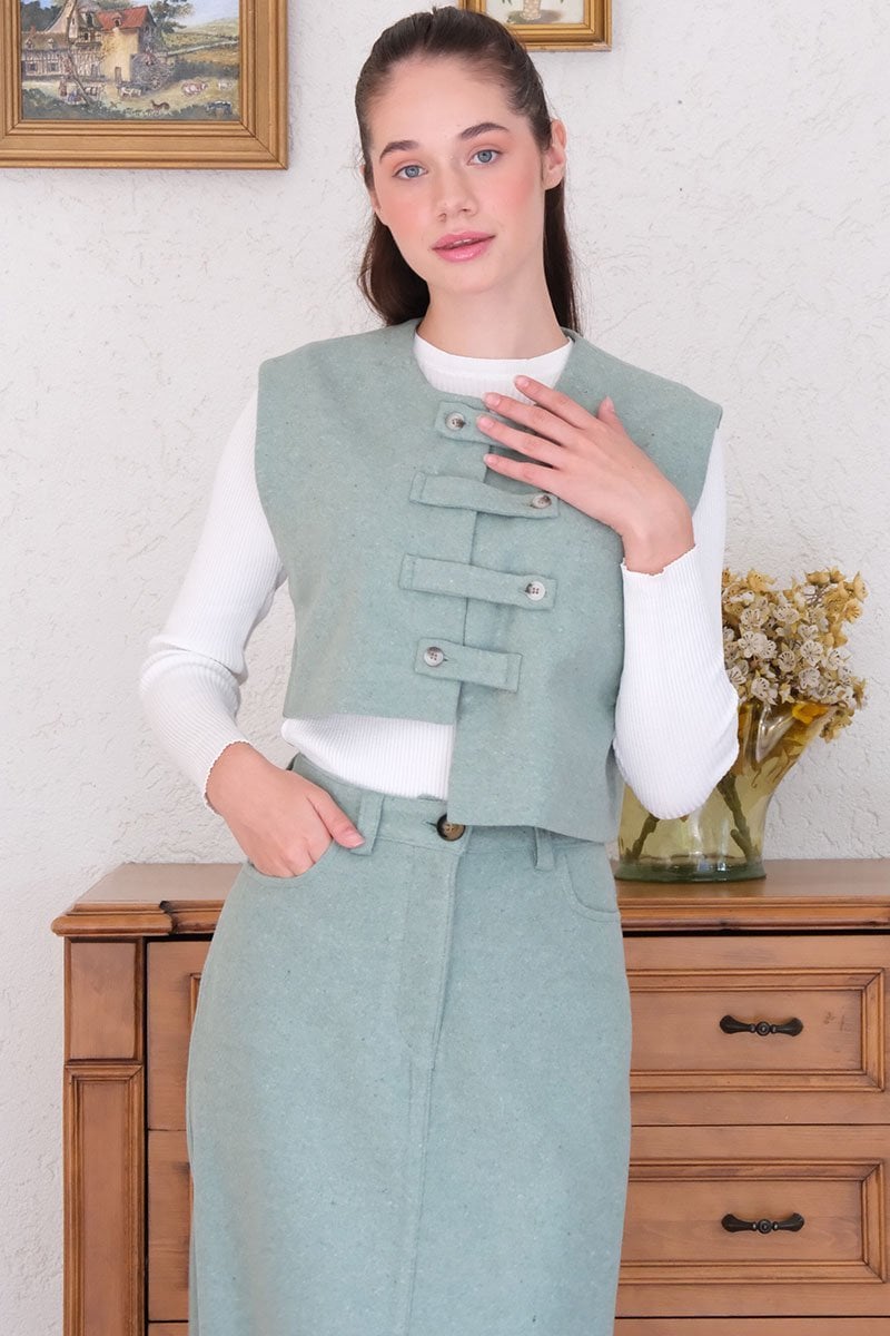Mint Yeşili Kaşe Çapraz Düğmeli Vintage Yelek