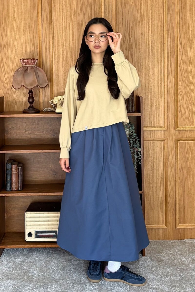 İndigo Keten Tek Düğmeli Etek