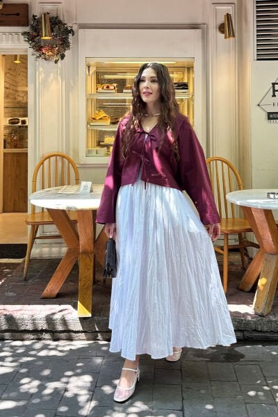 Mürdüm 2 Fiyonklu Ceket & Beyaz Kraşlı Balon Etek Takım