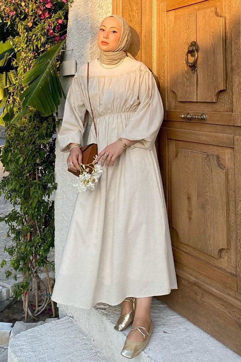 Organik Keten Büzgülü Elbise