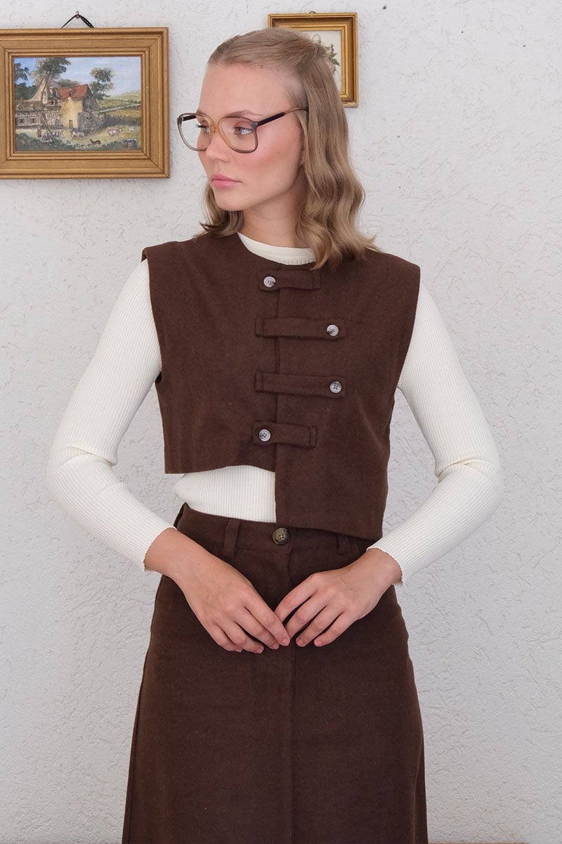 Acı Kahve Çapraz Düğmeli Vintage Yelek