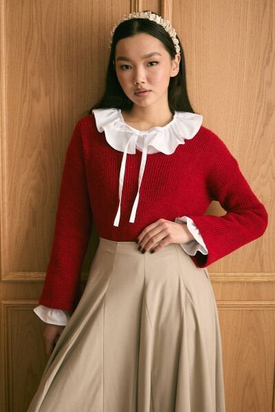 Kırmızı V Yaka Triko Kazak