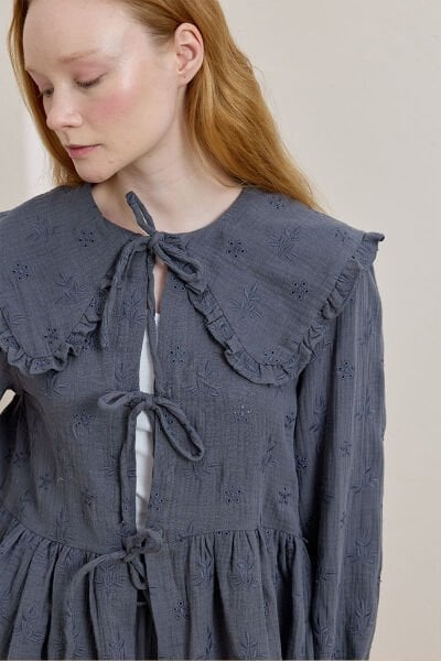 İndigo Fistolu Müslin Robalı Fiyonklu Bluz
