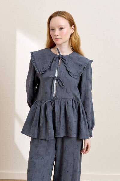 İndigo Fistolu Müslin Robalı Fiyonklu Bluz