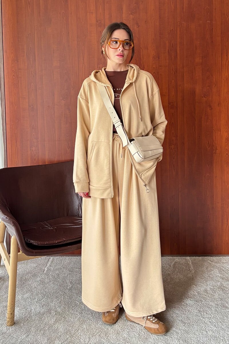 Bej 3 İplik Uzun Fermuarlı Eşofman Takım