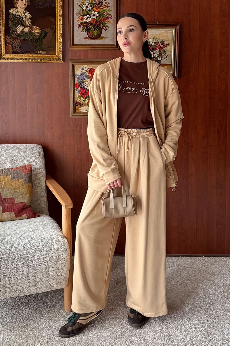 Bej 3 İplik Uzun Fermuarlı Eşofman Takım