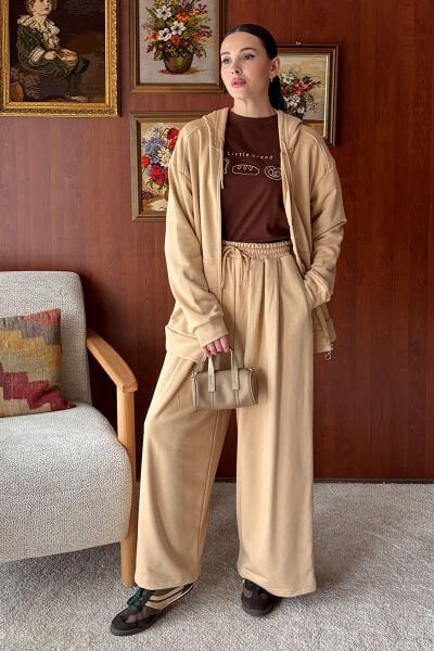 Bej 3 İplik Uzun Fermuarlı Eşofman Takım