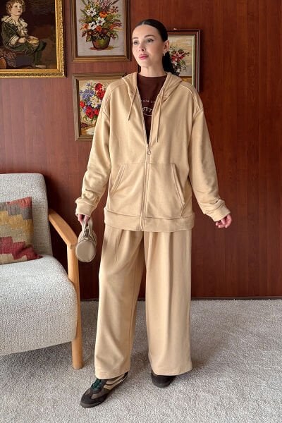 Bej 3 İplik Uzun Fermuarlı Eşofman Takım