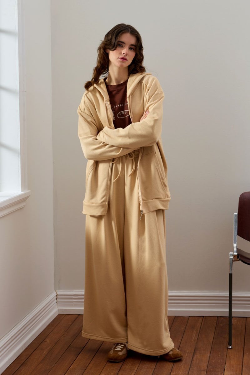 Bej 3 İplik Uzun Fermuarlı Eşofman Takım