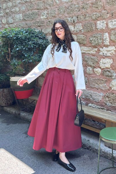 Bordo keten Tek Düğmeli Etek & Ekru Body Takım