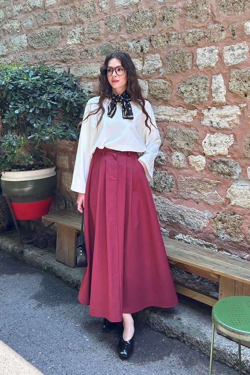 Bordo keten Tek Düğmeli Etek & Ekru Body Takım