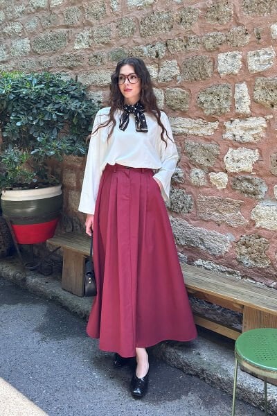 Bordo keten Tek Düğmeli Etek & Ekru Body Takım