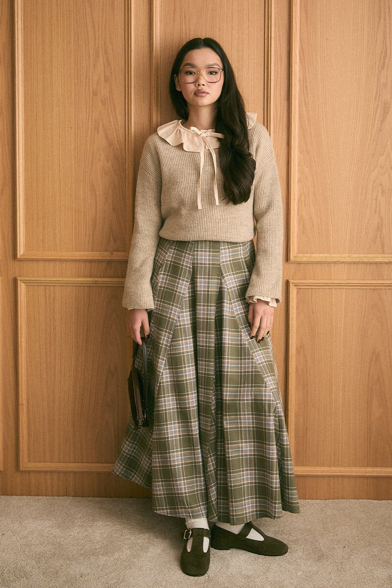 Vizon V Yaka Triko Kazak & Haki Ekose Parçalı Etek Takım