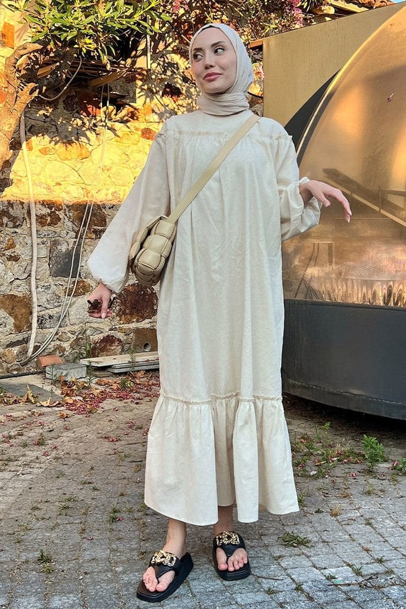 Organik Keten Eteği Fırfırlı Elbise