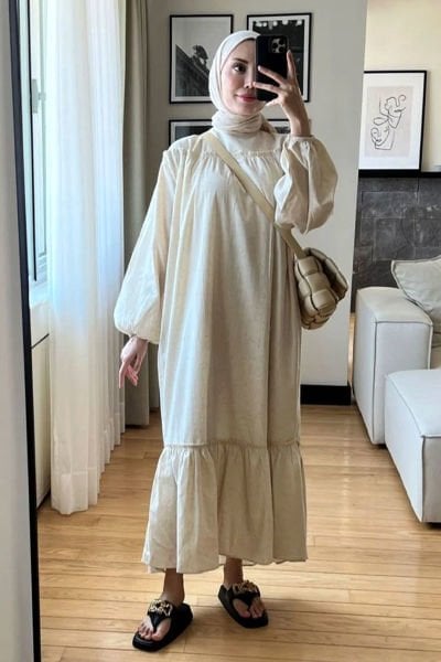 Organik Keten Eteği Fırfırlı Elbise