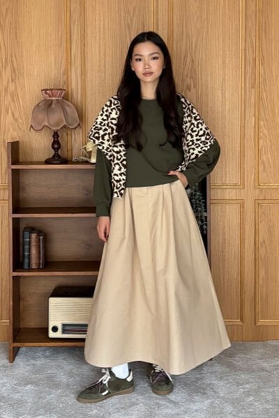 Krem Keten Tek Düğmeli Etek