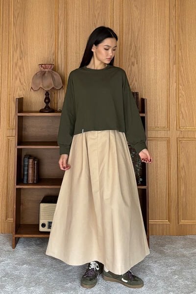 Krem Keten Tek Düğmeli Etek