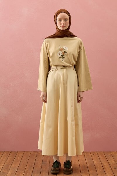 Tereyağ Sarısı Keten Kloş Etek