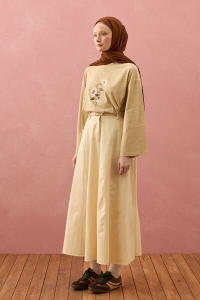 Tereyağ Sarısı Keten Kloş Etek