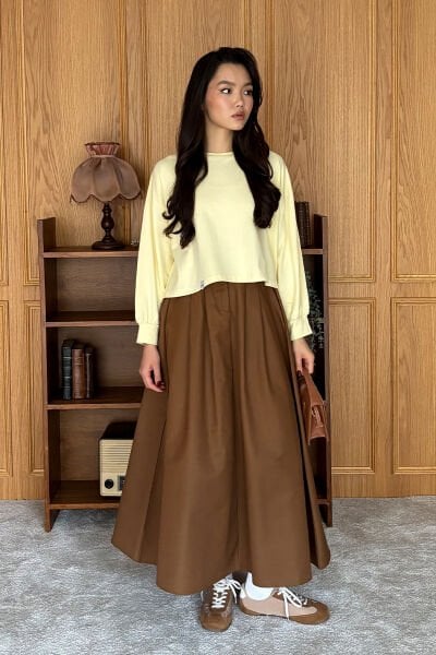 Acı Kahve Keten Tek Düğmeli Etek