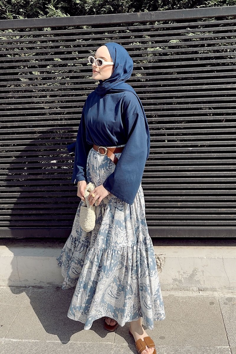 Lacivert Body & Mavi Etnik Desen Çapraz Kat Etek Takım