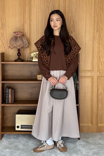 Pastel Krem Keten Tek Düğmeli Etek