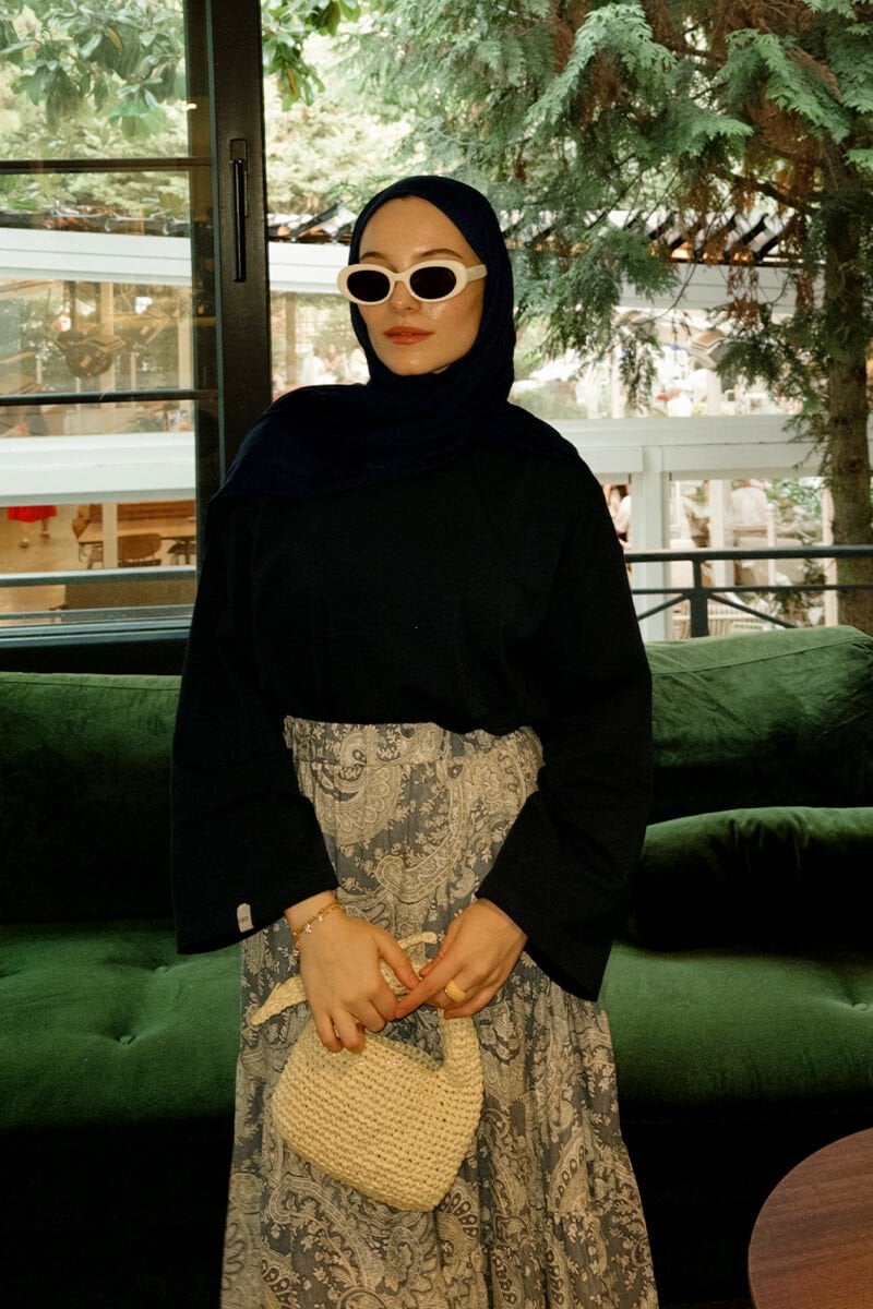 Mavi Etnik Desen Çapraz Kat Etek