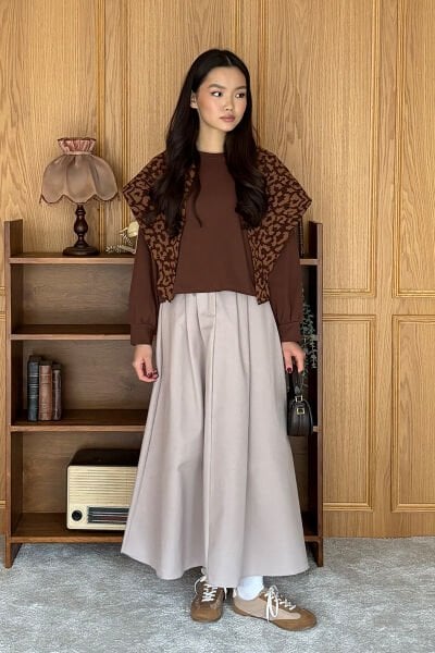 Pastel Krem Keten Tek Düğmeli Etek