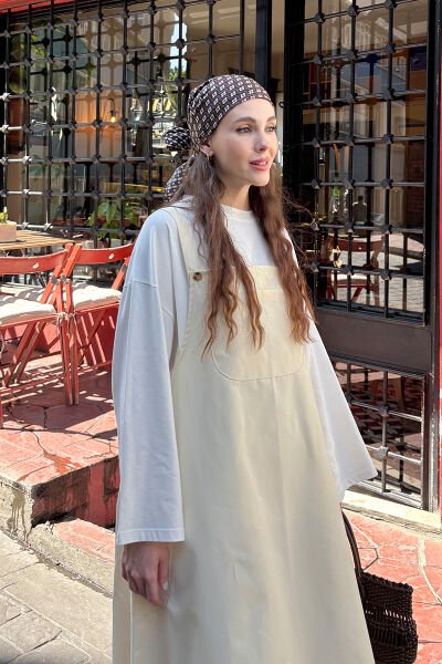 Tereyağ Sarısı Keten Etekli Salopet & Ekru Body