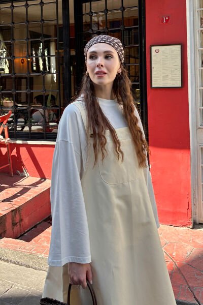 Tereyağ Sarısı Keten Etekli Salopet & Ekru Body