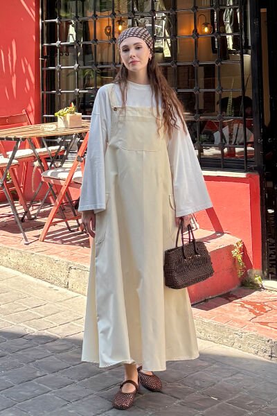 Tereyağ Sarısı Keten Etekli Salopet & Ekru Body