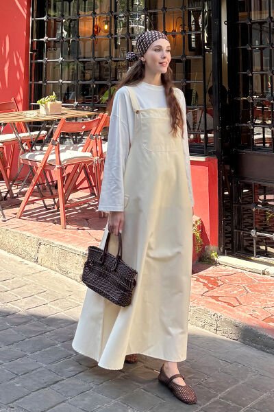 Tereyağ Sarısı Keten Etekli Salopet & Ekru Body