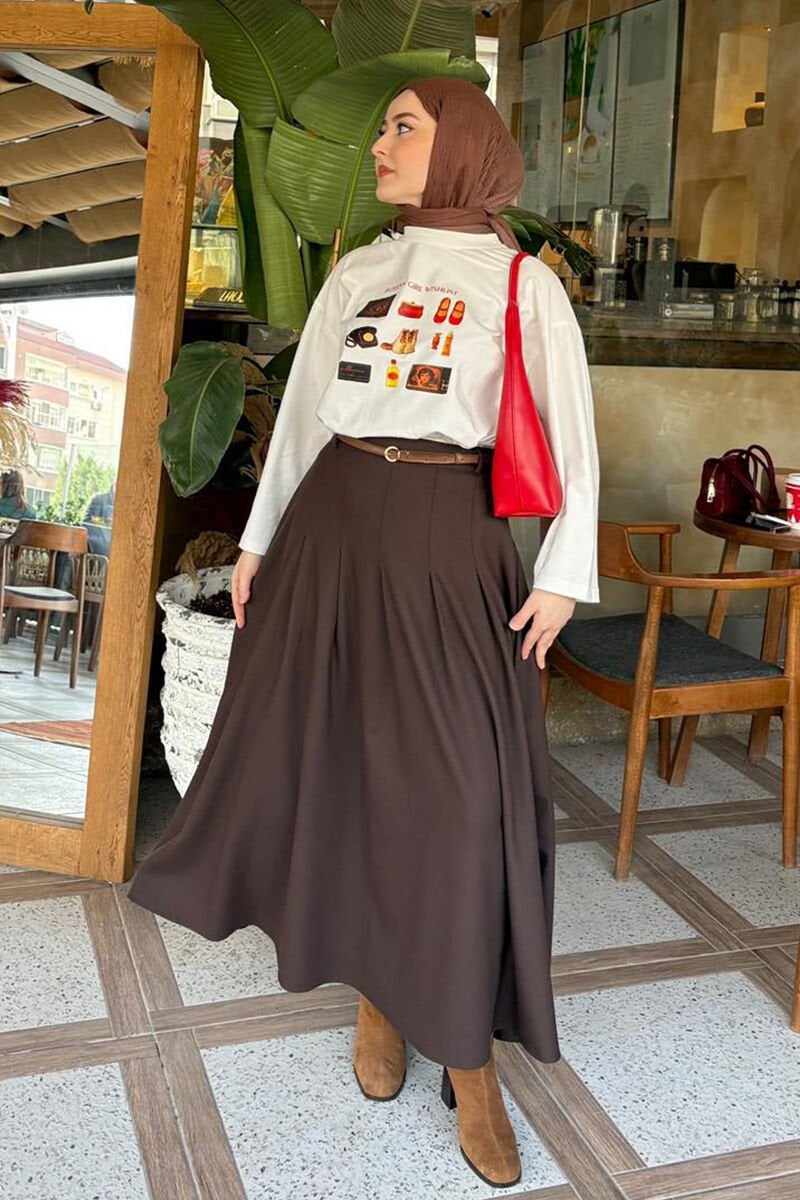 Ekru Otantik Baskılı Basic Body & Acı Kahve Poliviskon Kolej Etek Takım