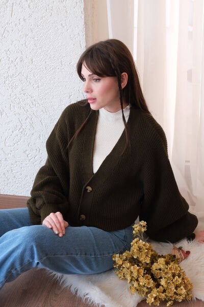 Haki Balon Kol Triko Hırka